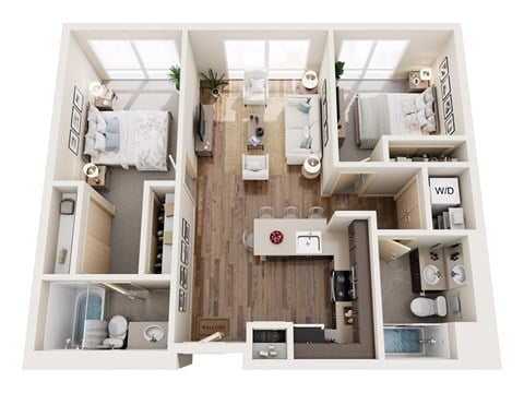 Floor plan for 2 beds, 2 baths, 934 sqft